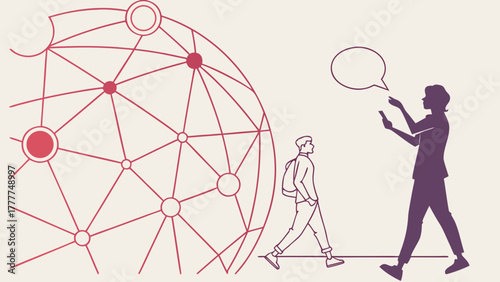 People interacting with global digital network using smartphones and speech bubbles