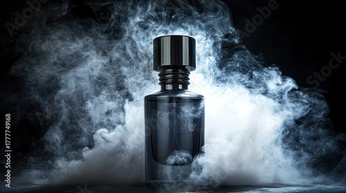 Elegant black perfume bottle emerging from swirling mist