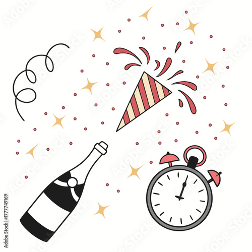 Party popper with champagne bottle and clock