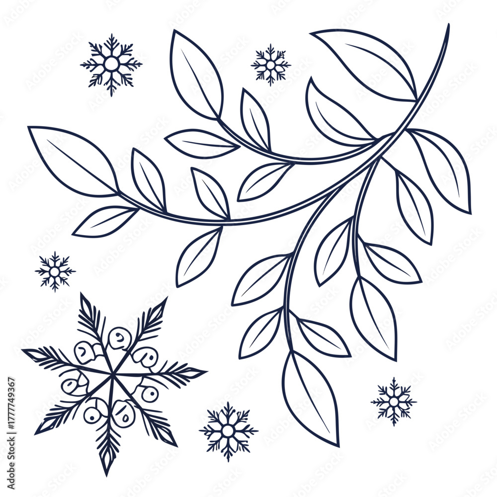 Fototapeta premium A minimalist line art illustration featuring a delicate winter foliage corner arrangement with leaves and snowflakes, , creating a serene and elegant design