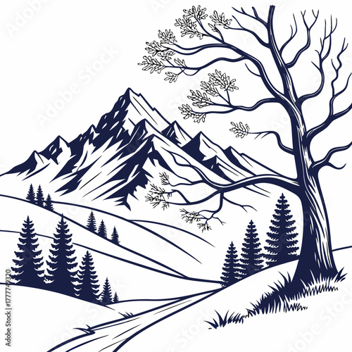 A serene monochrome landscape illustration showcases majestic mountains, a winding path, and a solitary tree, creating a peaceful scene