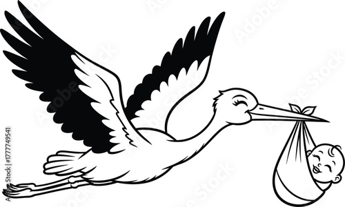 A cartoon stork carrying a baby in a bundle isolated on white background