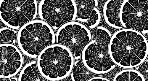 Abstract black and white pattern of sliced citrus fruits isolated on white background