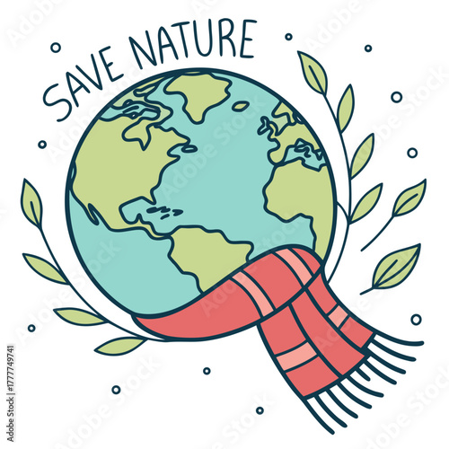 Earth globe with a scarf and save nature text