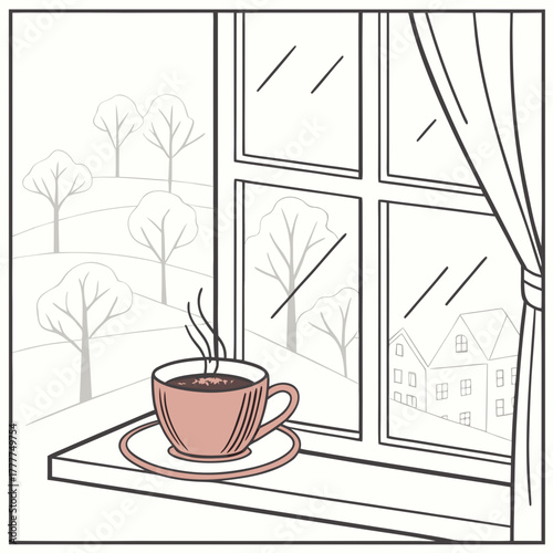 Coffee cup on windowsill with winter view