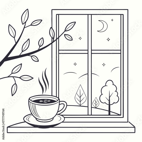 A cup of coffee on the windowsill at night