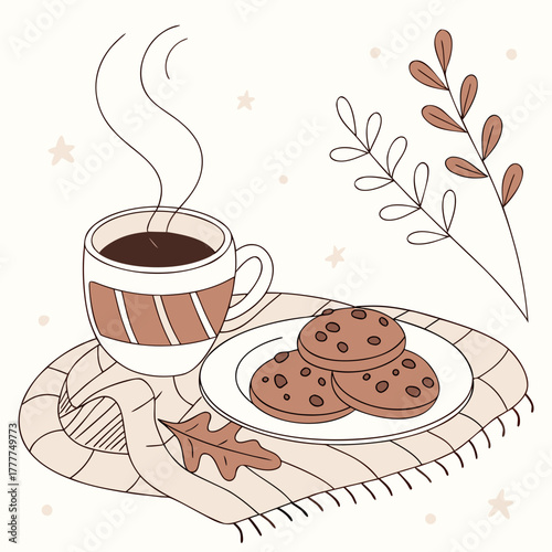 A charming and inviting scene featuring a steaming cup of coffee or hot chocolate alongside a stack of delectable cookies, all resting on a cozy blanket with falling leaves