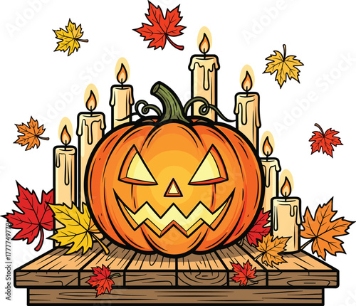 MobilevHalloween pumpkin vector, glowing jack-o'-lantern design, candlelight ambiance, autumn leaves illustration, spooky festive scene, seasonal holiday artwork