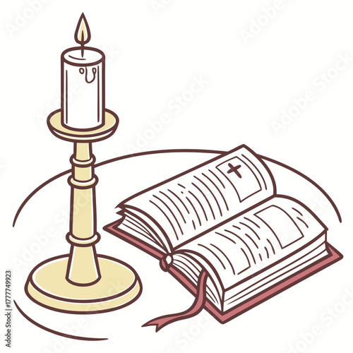 An open bible with a cross on the page next to a lit candle on a candlestick, creating a religious and peaceful scene