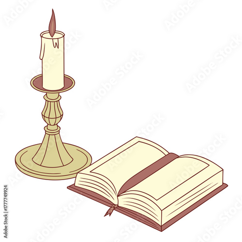 An open book with a bookmark next to a lit candle on a candlestick, creating a serene and contemplative scene