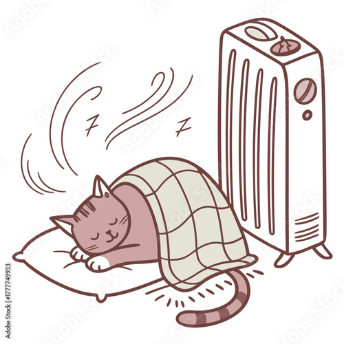 A cute cat sleeping soundly on a pillow under a blanket next to an electric radiator, creating a cozy and warm scene