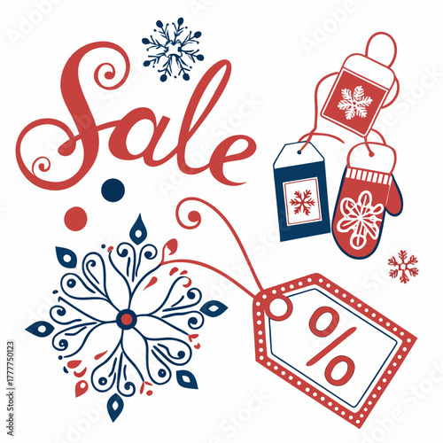 Winter sale with snowflakes, mittens and price tags