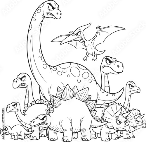 Collection of dinosaur illustrations for coloring or educational purposes isolated on white background