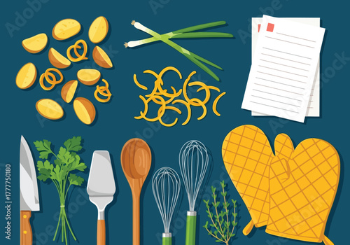 Culinary Composition Fresh Ingredients, Utensils, and a Recipe for a Delicious Meal in a Cookery Book