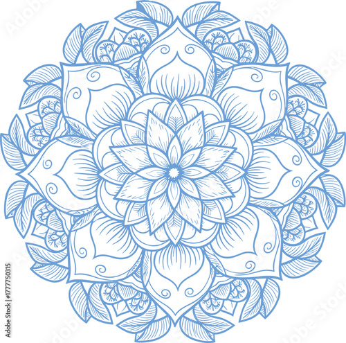 Mandala vector design, symmetrical floral pattern, light blue artwork, spiritual decorative element, meditative concentric layers, ornamental leaf motif illustration