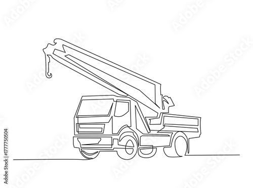 Towed car service in single outline illustration. Continuous line art drawing of evacuation car tow truck.
