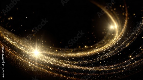 Abstract swirling golden light trails and sparkling particles against a dark black background