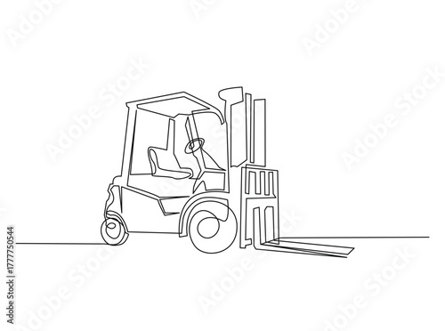 Forklift truck outline draw illustration. Continuous line art drawing of Warehouse Forklift Truck. Editable stroke.