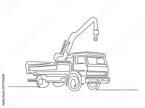 Towed car service in single outline illustration. Continuous line art drawing of evacuation car tow truck.