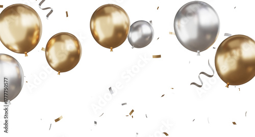 3d render Celebration banner with golden balloons floating and confetti
