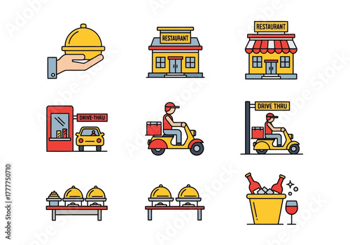 Colorful line icon set for restaurant and food delivery services, including dining, drive-thru, catering, and takeout concepts
