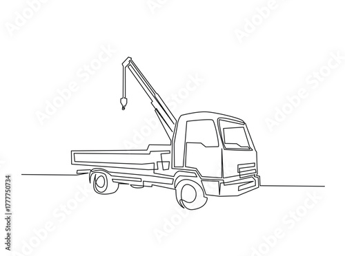Towed car service in single outline illustration. Continuous line art drawing of evacuation car tow truck.