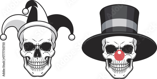 Skull character vector, jester hat and top hat design, clown nose illustration, black and white macabre humor, theatrical gothic artwork