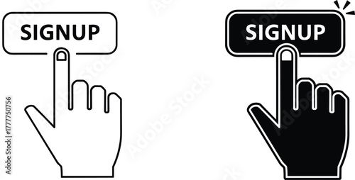 Signup button press vector, black and white UI icon, hand clicking symbol, user interface interaction graphic, digital access illustration, web design element