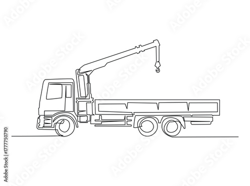 Towed car service in single outline illustration. Continuous line art drawing of evacuation car tow truck.
