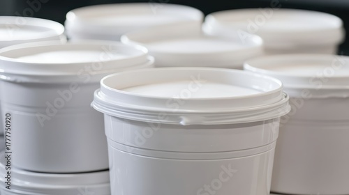 Collection of white plastic containers with lids