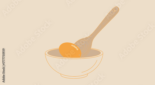 Minimalistic Illustration Of Egg Yolk In Bowl With Spoon, Simple Drawing In Sepia Tones