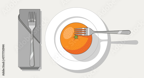 Minimalistic Illustration Of Orange, Fork, Plate, And Napkin Set Ready For Meal