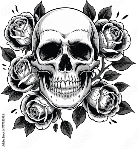 Skull with roses vector, black and white symmetrical design, floral death motif illustration, high contrast tattoo-style artwork, symbolic beauty and decay graphic