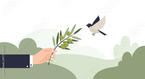 Olive Branch Offered Symbolically to a Bird in a Gentle, Harmonious Artistic Scene
