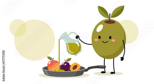Olive Character Pouring Oil Into Pan With Fruits: A Cute Cooking Illustration