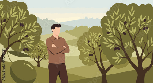 Olive Farmer Standing in Orchard, Contemplating Harvest and Future Crops Planning
