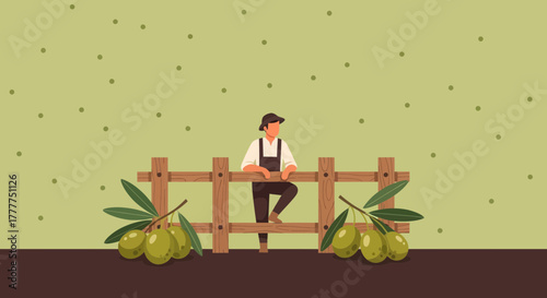 Olive Farm Worker Observing A Scenic View With Green Olive Branches on Foreground