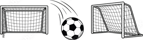 Soccer ball motion, football goal vector, dynamic sports illustration, goal attempt concept, mid-air ball graphic, competitive match silhouette art