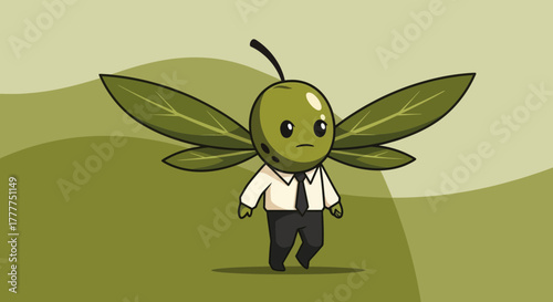 Olive Green Cartoon Character With Leaf Wings and Business Suit Walking On Green Landscape