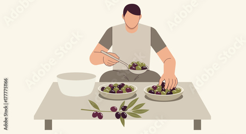 Olive Harvest: Illustration Depicting Person Preparing Olives for Consumption or Processing