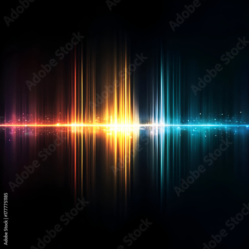 A vibrant digital abstract design featuring colorful light waves and reflections on a dark background.