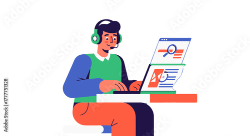 Online Assistant Working With Computer, Headset and Laptop, Simple Illustration Design