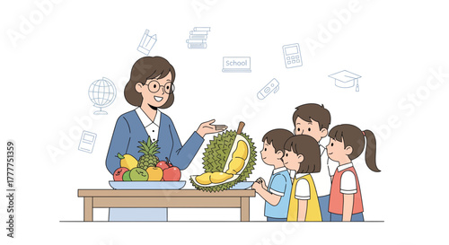 Nutrition Lesson: Teacher Presents Exotic Durian to Curious Students for Education