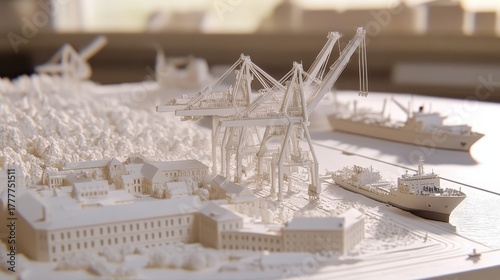 Detailed Miniature Port Model Featuring Cranes and Structures