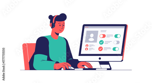 Online Customer Support Representative Working on Computer with User Interface Design
