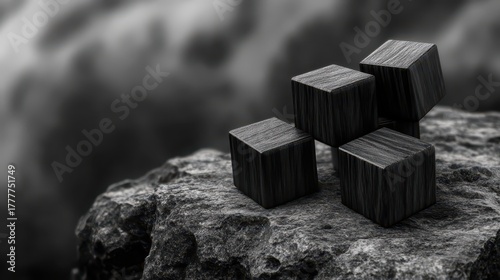 Ebony wooden cubes balanced on rough stone surface in grayscale
