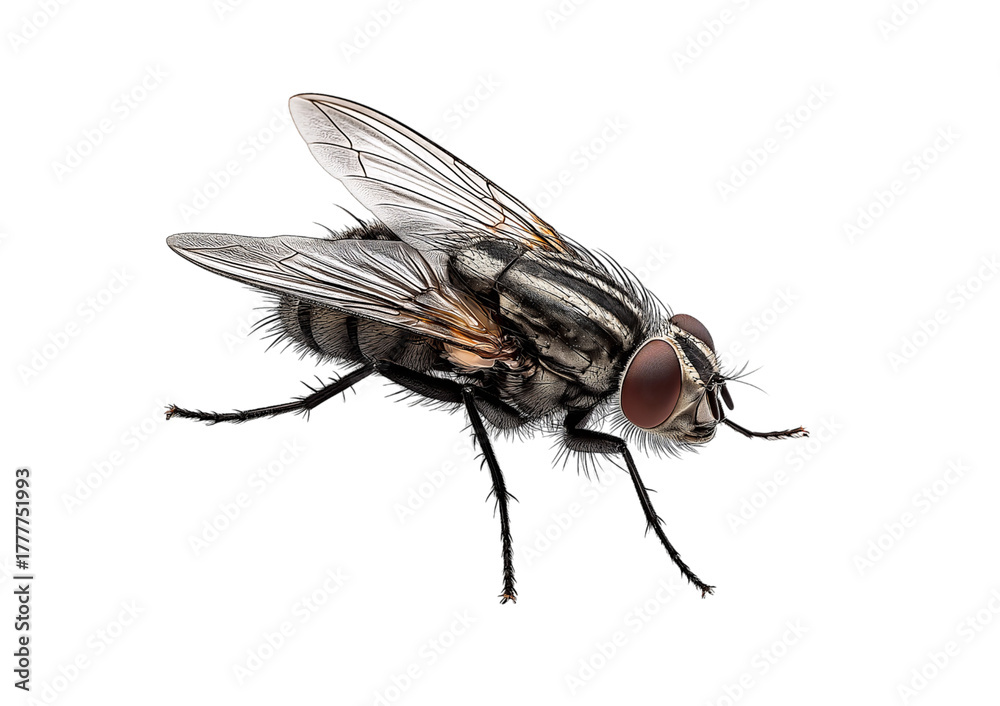 Fototapeta premium House fly with red eyes and striped body isolated on a transparent background