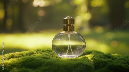 Elegant perfume bottle standing on green moss outdoors