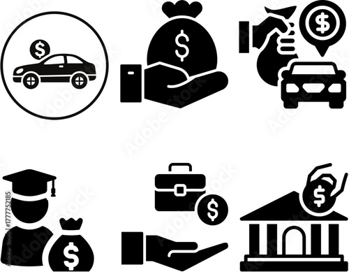 A collection of solid black icons representing financial concepts like car, student, and business loans.