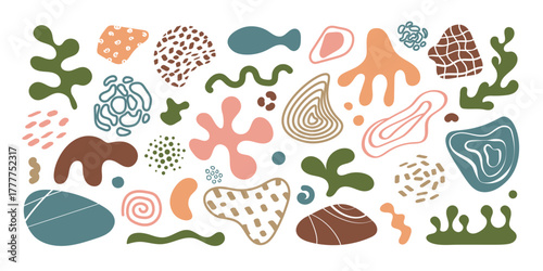 A set of abstract hand-drawn organic shapes. Silhouettes of rounded drops, plants and animals, and textures. Minimalistic natural design. Vector illustration.